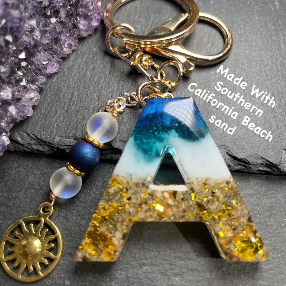 REAL California Sand Custom Artisan Blue and Gold Keychain Accessory - Picture 3 of 10